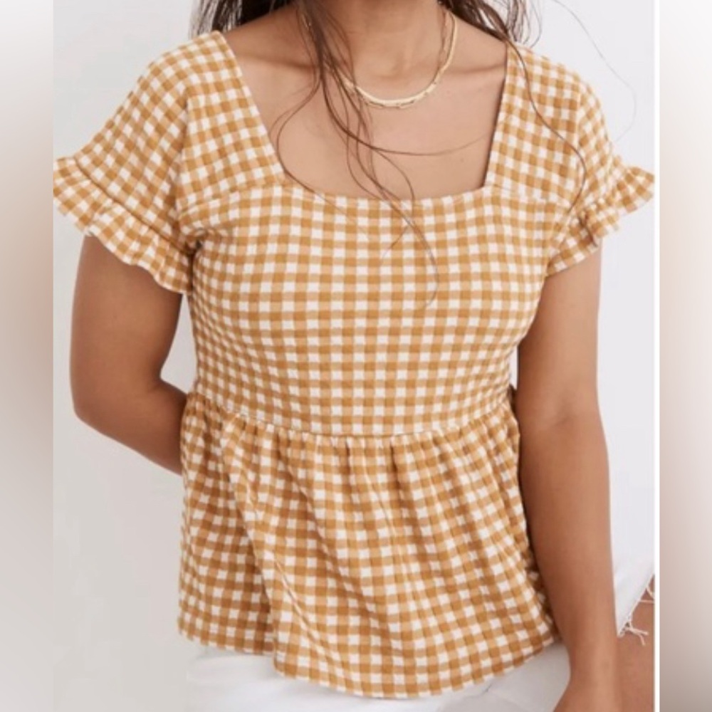 Yellow Checkered Peplum Madewell Blouse